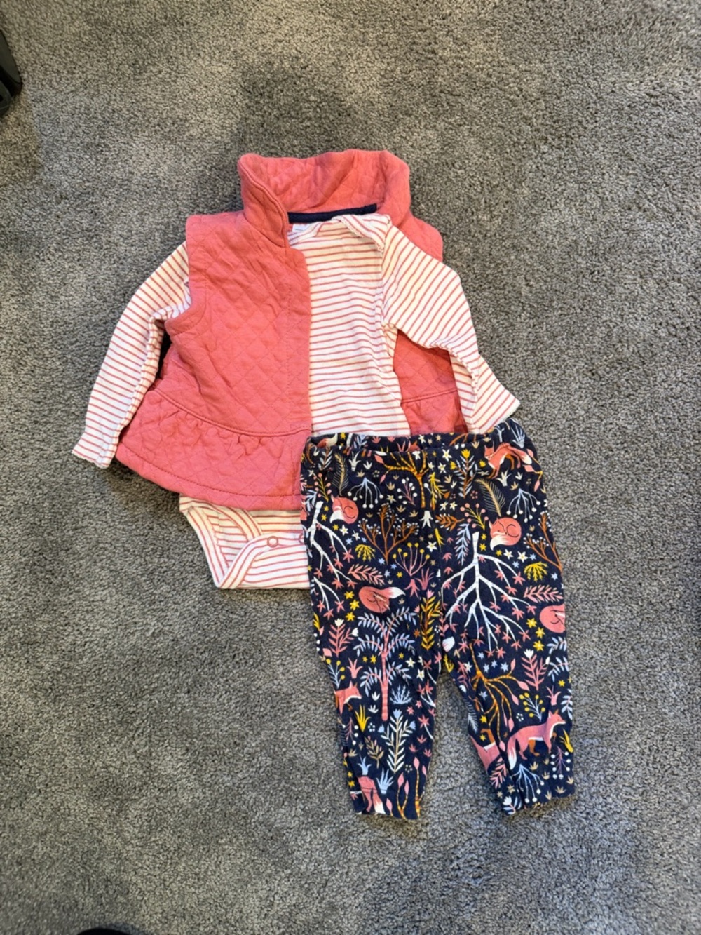 Carter's Coral Pink Vest with Striped Bodysuit and Navy Floral Pants